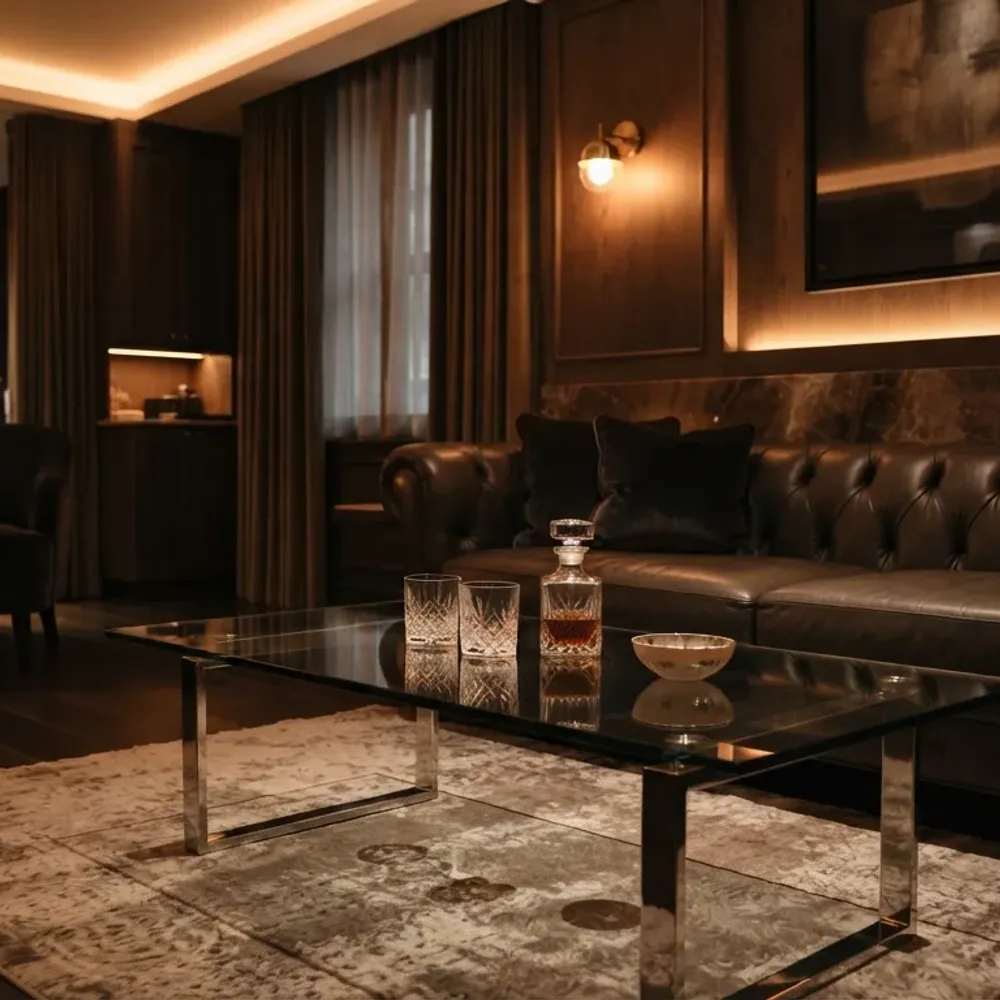 Modern empty private lounge room with a sleek leather sofa and glass coffee table under soft ambient lighting